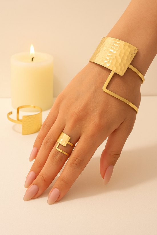 Bracelet & Bague Géométriques Martelés – Couleur Or